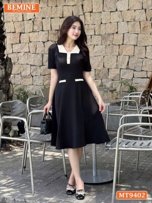 Đầm thiết kế cổ phối đính nút túi giả dáng chữ A MT9402 3
