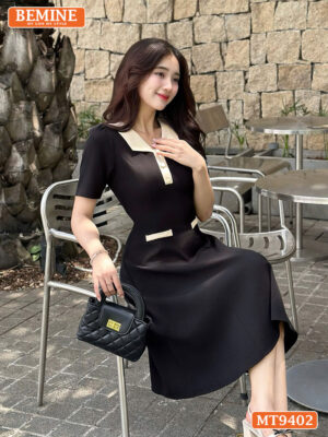 Đầm thiết kế cổ phối đính nút túi giả dáng chữ A MT9402