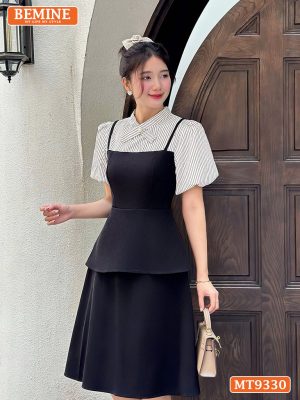 Đầm cổ trụ đính nơ kiểu giả yếm tay phồng MT9330
