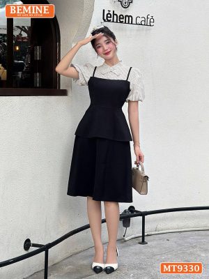 Đầm cổ trụ đính nơ kiểu giả yếm tay phồng MT9330 1