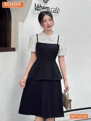 Đầm cổ trụ đính nơ kiểu giả yếm tay phồng MT9330 2