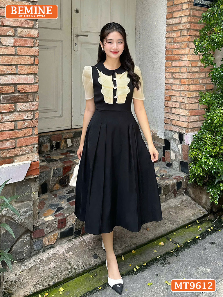 Đầm thiết kế BEMINE cổ sen dáng chữ A ngực phối bèo MT9612