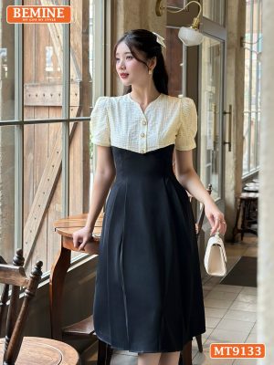 Đầm thiết kế cổ V phối lưới eo đính ngọc dáng xếp ly MT9133 39