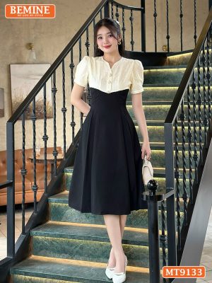 Đầm thiết kế cổ V phối lưới eo đính ngọc dáng xếp ly MT9133 41