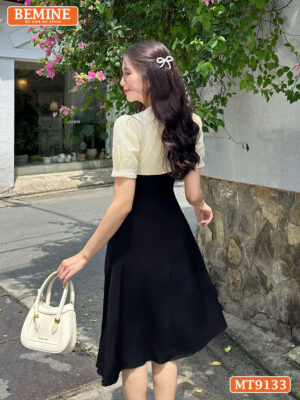 Đầm thiết kế cổ V phối lưới eo đính ngọc dáng xếp ly MT9133 4