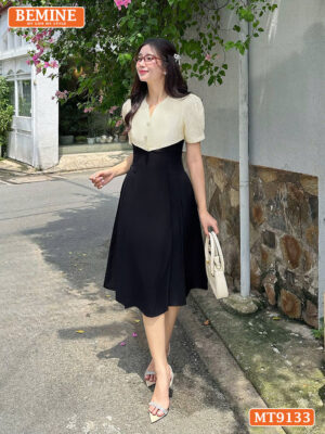 Đầm thiết kế cổ V phối lưới eo đính ngọc dáng xếp ly MT9133 3