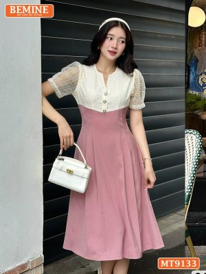 Đầm thiết kế cổ V phối lưới eo đính ngọc dáng xếp ly MT9133 36