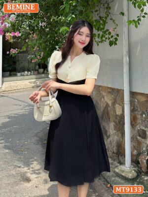 Đầm thiết kế cổ V phối lưới eo đính ngọc dáng xếp ly MT9133 2