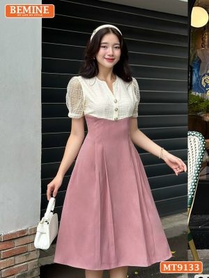Đầm thiết kế cổ V phối lưới eo đính ngọc dáng xếp ly MT9133 34