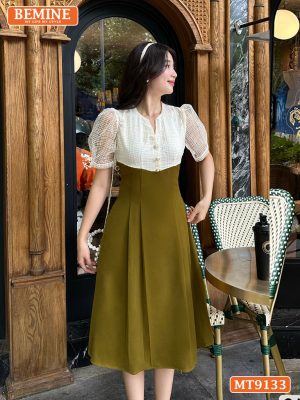 Đầm thiết kế cổ V phối lưới eo đính ngọc dáng xếp ly MT9133 31