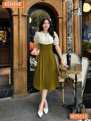 Đầm thiết kế cổ V phối lưới eo đính ngọc dáng xếp ly MT9133 32