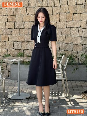 Đầm thiết kế cổ V phối viền đính cúc eo kiểu MT9150 2