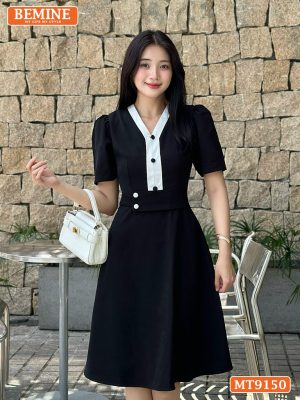 Đầm thiết kế cổ V phối viền đính cúc eo kiểu MT9150 3