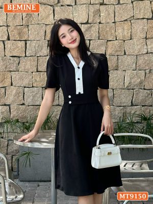 Đầm thiết kế cổ V phối viền đính cúc eo kiểu MT9150 1