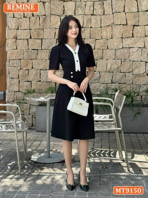 Đầm thiết kế cổ V phối viền đính cúc eo kiểu MT9150