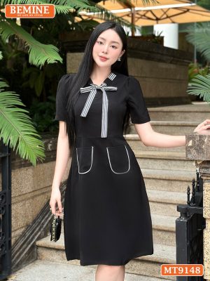 Đầm thiết kế cổ V phối viền nơ tay phồng dáng xòe MT9148 1