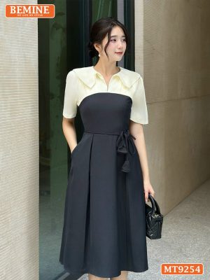 Đầm thiết kế cổ kiểu xếp ly eo đính dây hoa MT9254 3