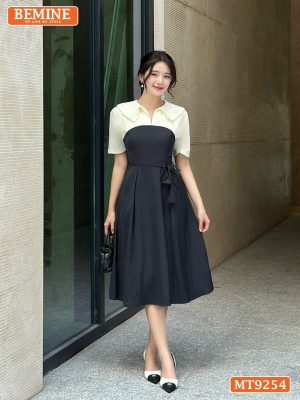 Đầm thiết kế cổ kiểu xếp ly eo đính dây hoa MT9254 2