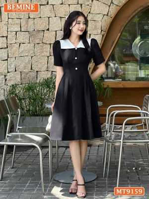 Đầm thiết kế cổ phối V eo đính cúc dáng xếp ly MT9159 1