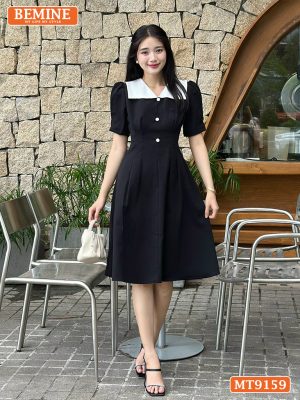 Đầm thiết kế cổ phối V eo đính cúc dáng xếp ly MT9159 2