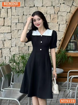 Đầm thiết kế cổ phối V eo đính cúc dáng xếp ly MT9159 3