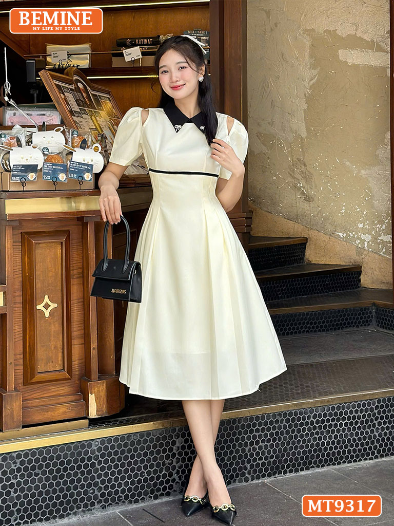 Đầm thiết kế cổ phối khoét vai tay phồng dáng dài MT9317 3