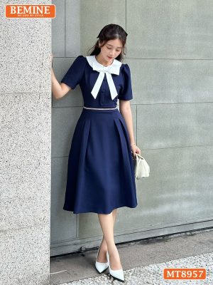 Đầm thiết kế cổ phối nơ viền eo dáng xoè MT8957 1