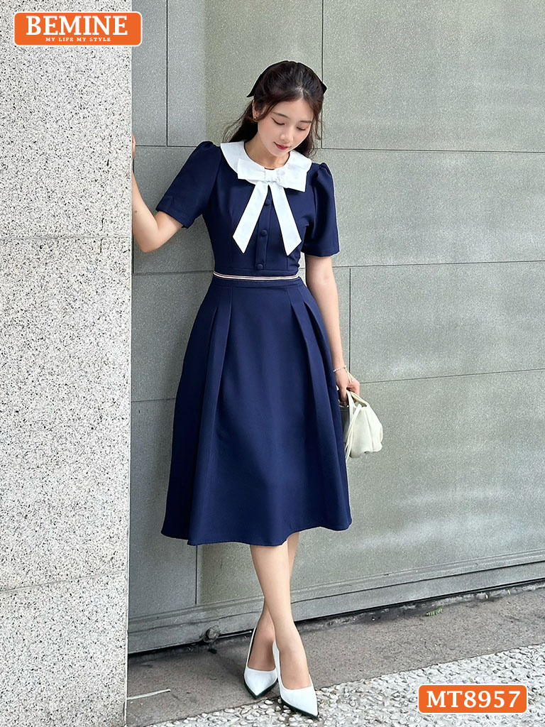 Đầm thiết kế cổ phối nơ viền eo dáng xoè MT8957 1