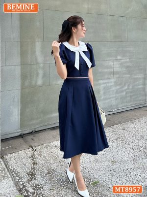 Đầm thiết kế cổ phối nơ viền eo dáng xoè MT8957 3