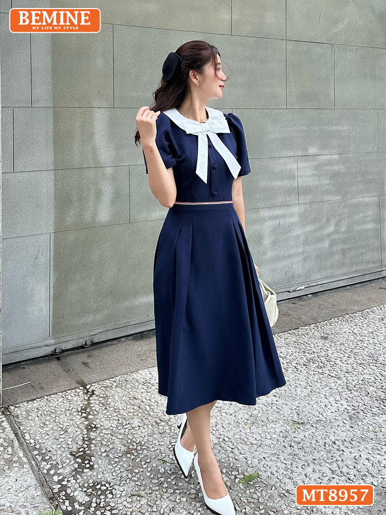Đầm thiết kế cổ phối nơ viền eo dáng xoè MT8957 3