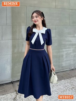 Đầm thiết kế cổ phối nơ viền eo dáng xoè MT8957 2