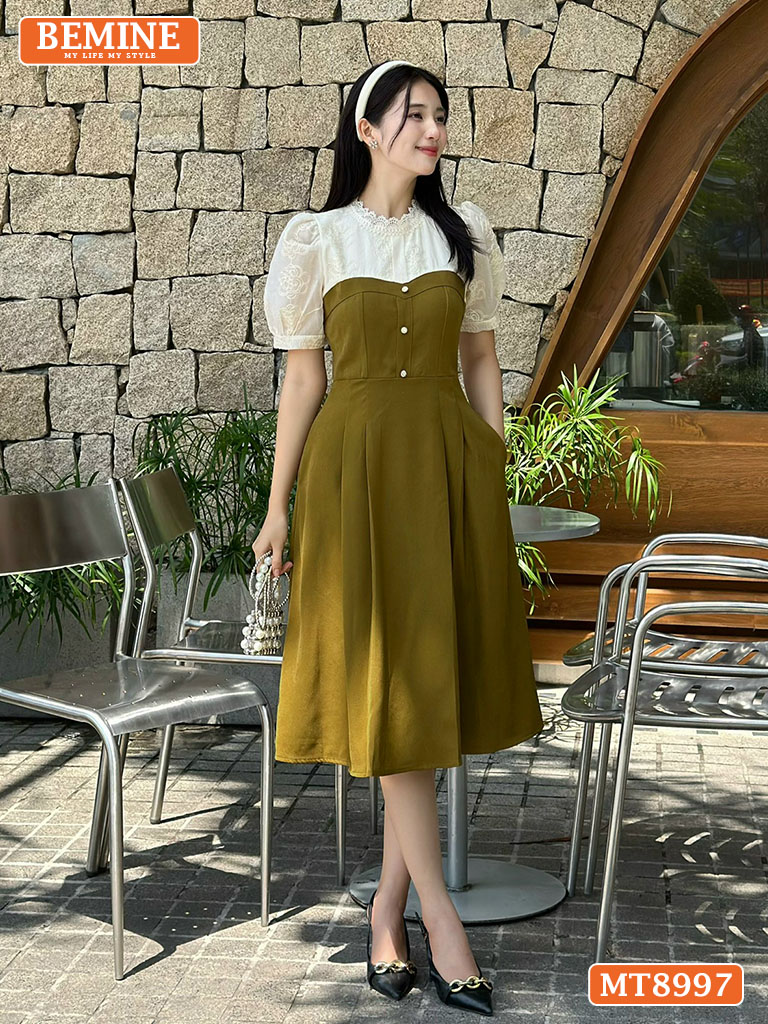 Đầm thiết kế cổ phối ren đính nút dáng xoè MT8997 5