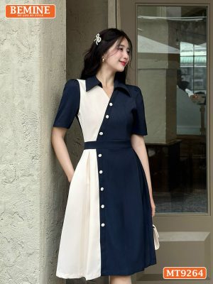 Đầm thiết kế cổ phối sơ mi hai màu đính nút MT9264 5