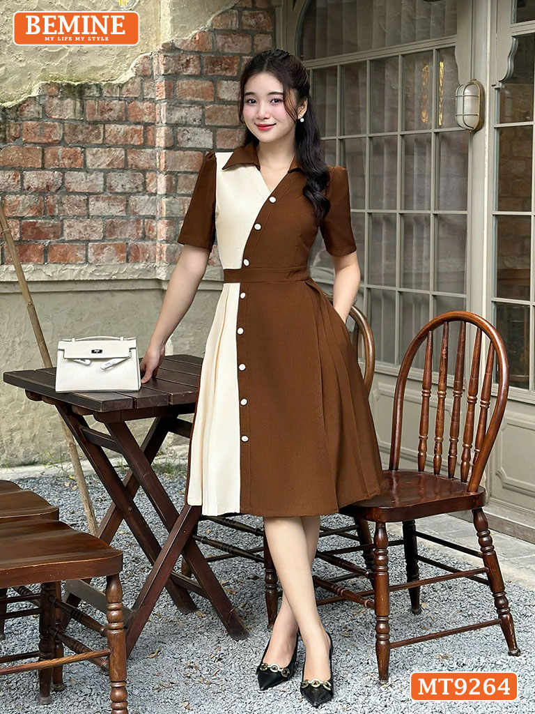 Đầm thiết kế cổ phối sơ mi hai màu đính nút MT9264