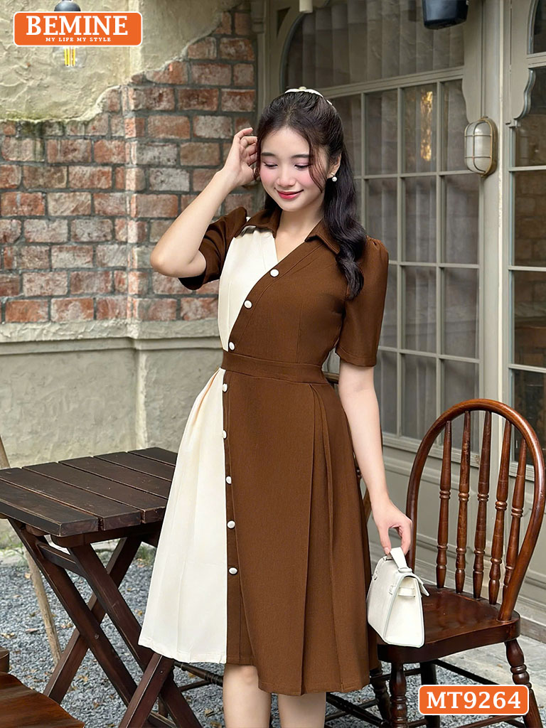 Đầm thiết kế cổ phối sơ mi hai màu đính nút MT9264 1