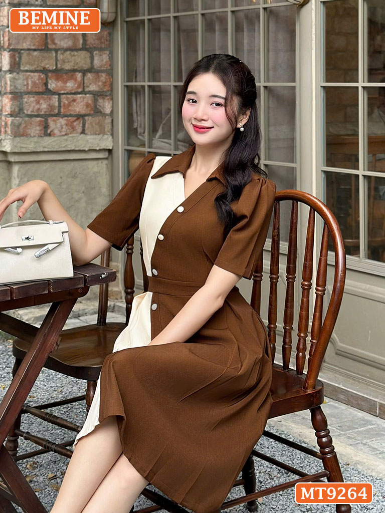 Đầm thiết kế cổ phối sơ mi hai màu đính nút MT9264 2