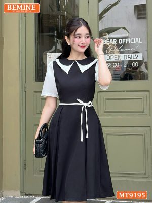 Đầm thiết kế cổ phối tay phồng thắt nơ eo MT9195 3