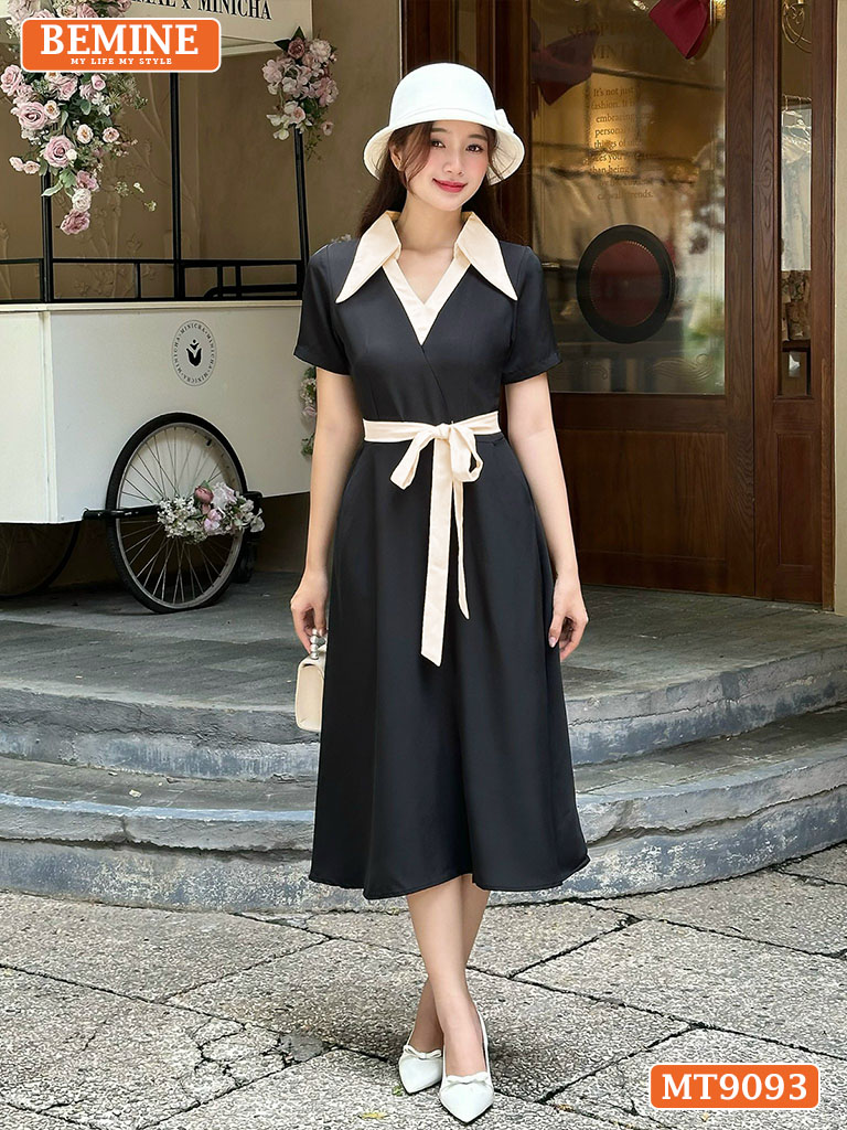 Đầm thiết kế cổ phối V dây nơ eo dáng xòe MT9093 5