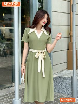 Đầm thiết kế cổ phối V dây nơ eo dáng xòe MT9093 1