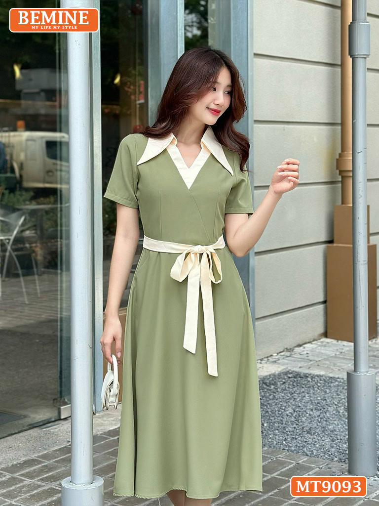 Đầm thiết kế cổ phối V dây nơ eo dáng xòe MT9093 1