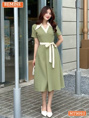 Đầm thiết kế cổ phối V dây nơ eo dáng xòe MT9093 2