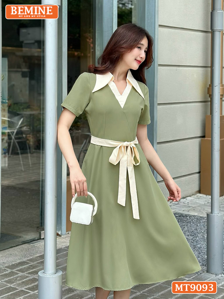 Đầm thiết kế cổ phối V dây nơ eo dáng xòe MT9093 3