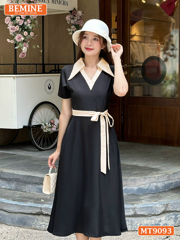 Đầm thiết kế cổ phối V dây nơ eo dáng xòe MT9093 6