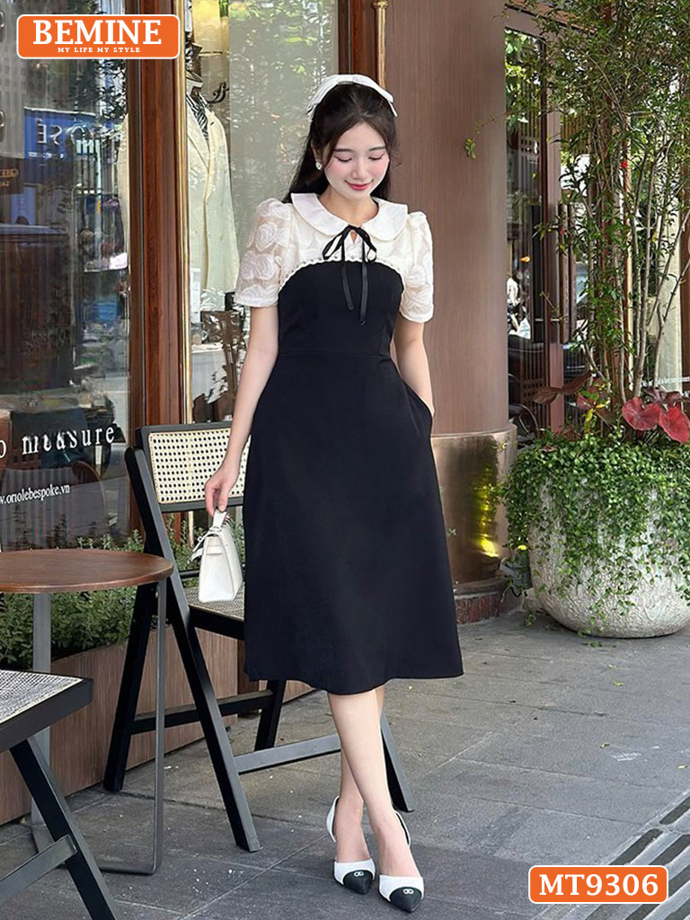 Đầm thiết kế cổ sen đính nơ tơ hoa nổi dáng chữ A MT9306 2