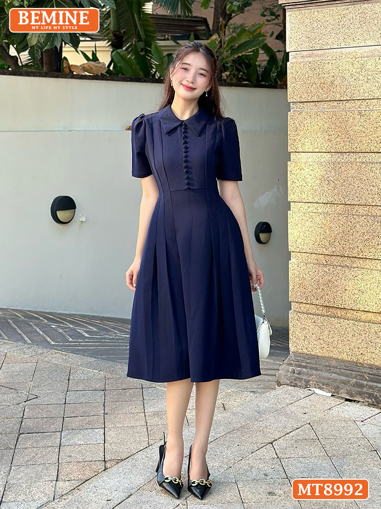 Đầm thiết kế cổ sen đính nút dáng xếp ly MT8992 8