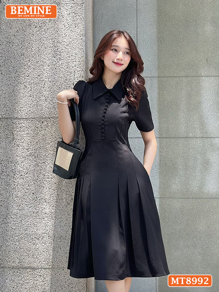 Đầm thiết kế cổ sen đính nút dáng xếp ly MT8992