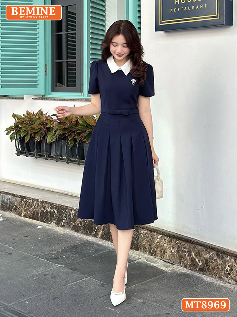 Đầm thiết kế cổ sen eo đính nơ tùng xếp ly MT8969 13