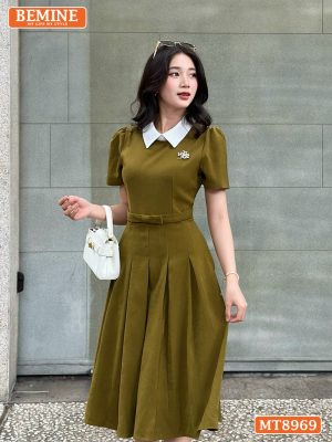 Đầm thiết kế cổ sen eo đính nơ tùng xếp ly MT8969 8