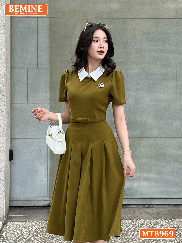 Đầm thiết kế cổ sen eo đính nơ tùng xếp ly MT8969 8