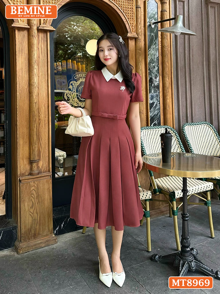 Đầm thiết kế cổ sen eo đính nơ tùng xếp ly MT8969 1
